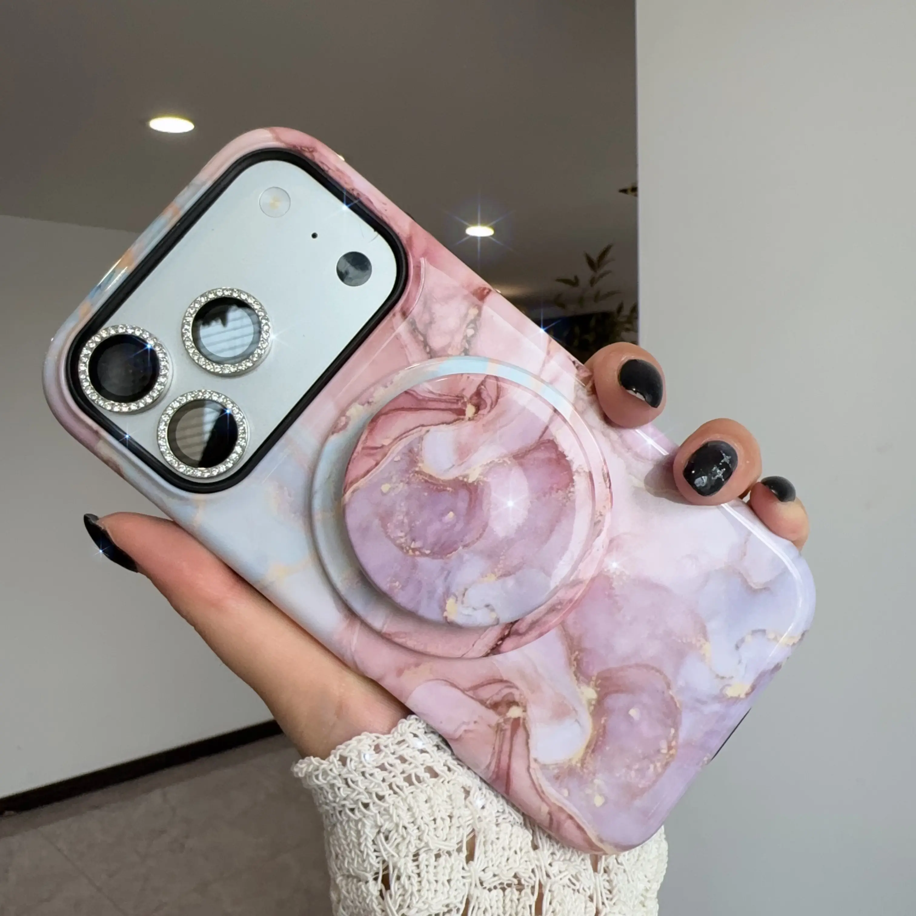 Magnetic Marble Phone Case with MagSafe White Holder for iPhone 17/16/15/14/13 Pro Max, Stylish Secure-Fit Protective Cover for Girls, Smartphone Cellphone Handheld Devices Accessories