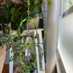 Green Hanging Spider with Web Plant Stake Halloween Decor - Beaded Design & Crystal Accent