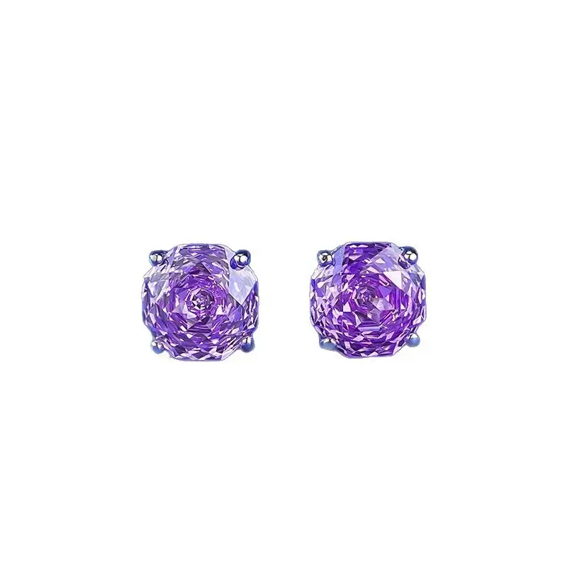【1026】2CT Octagonal Millennium Cut Purple Cubic Zirconia Stud Earrings – Silver Four-Prong Setting