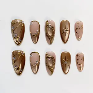 Fall Cat Eye Brown Press on nails long almond nails/Glitter Nails/Butterfly Nails/Star Nails/Brown nails/3D Gold Chrome nails/Champagne Nail AYUEUE