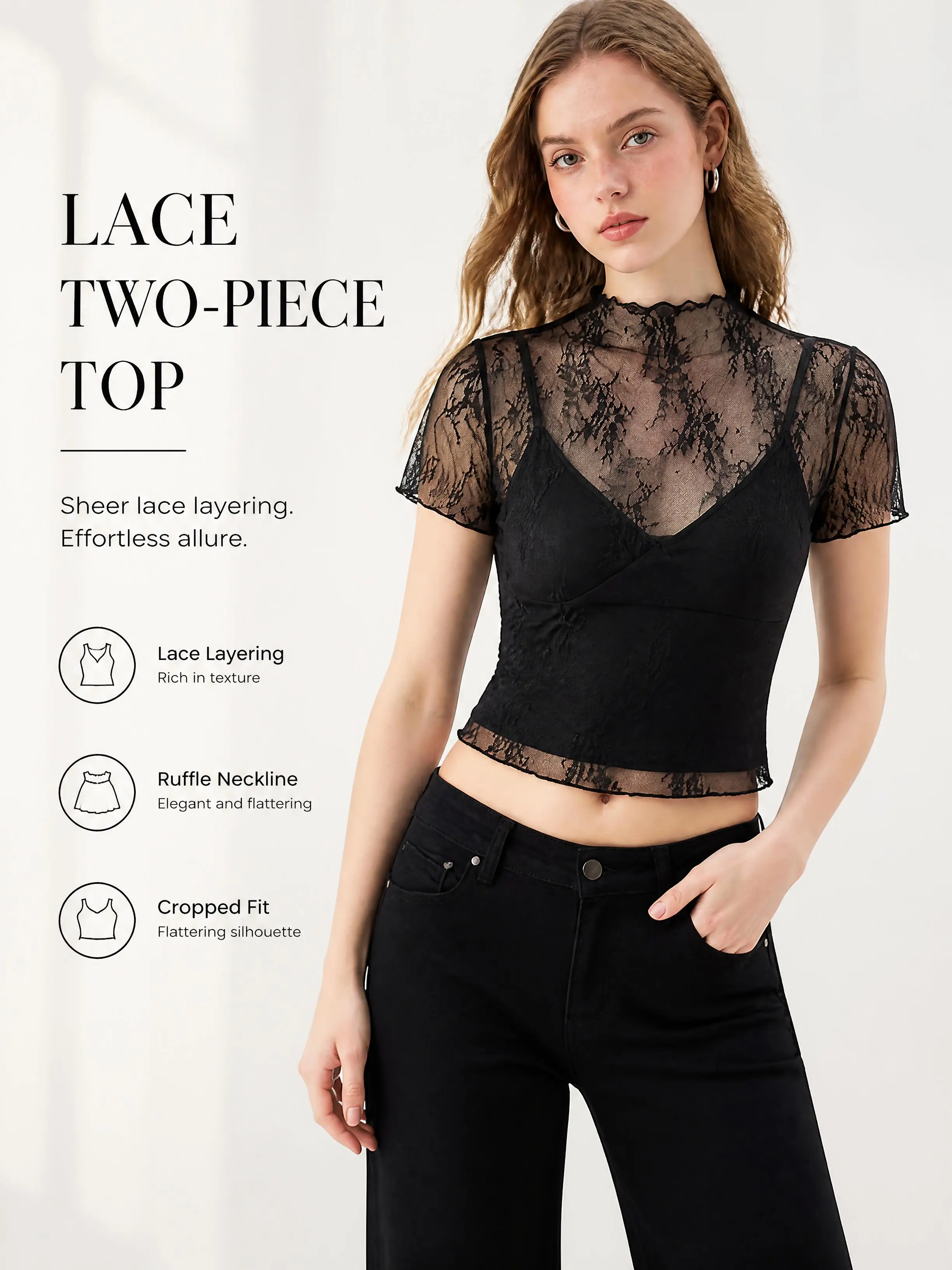 Women's Dark Style 2-Piece Lace Top Set - Sheer Mesh High Neck, Ruffled Trim, Short Sleeve Thin Base Layer Inner Tank Top