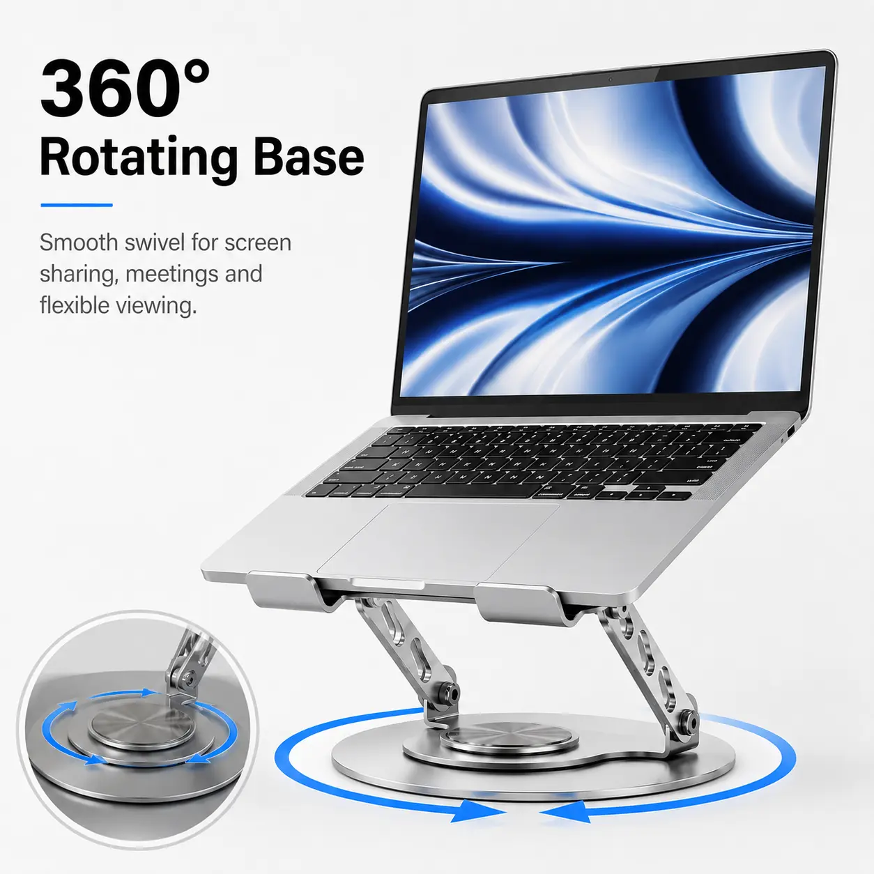 360° Rotating Laptop Stand for Desk, 22 lb Heavy-Duty Adjustable Height & 180° Tilt Aluminum Computer Riser with Stable Base, Foldable Cooling Vent Notebook Holder for 10–17 Inch Laptops, Office, Meetings, Video Calls & Gaming