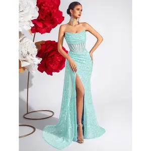 Women's sequined vest high waisted evening gown, elegant party dress, sleeveless backless design, perfect for formal eventsRAIMENTRY