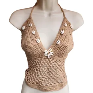 Beach Crochet Top with Cowrie Shell Accent - Tan Color Fashion Top for Beach Wear