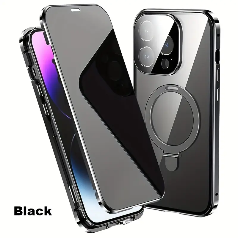 Anti-Peep Privacy Magnetic Wireless Charging Phone Case with Screen Protector for iPhone 16/15/14/13/12 Pro Max Plus, Full Body Shockproof Metal Frame, Bracket-Compatible Casing Cover for Smartphone Protection Accessories