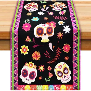 Day of The  Table Runner 72 x 13 Inch Decorations, Dia De Los Muertos Sugar Skull Mexican Fiesta Carnival Table Cover Decor, Rustic Linen Altar Themed Party Supplies for  Kitchen Dining Mantel