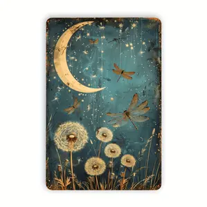 Vintage Dragonfly And Dandelion Moonlit Sky Metal Tin Sign Rustic Wall Art For Home Office Cafe Bar Decor