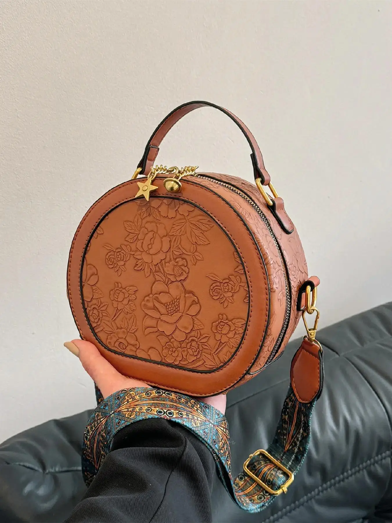 Vintage Floral Pattern Handbag, Floral Embossed Satchel, Fashionable Elegant Embossed Bag, Star Decorated Crossbody Bag for Women 2025, Trendy Luxury