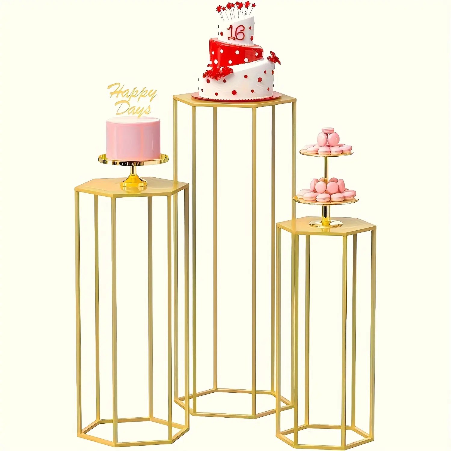 Set of 3 Iron Hexagon Base Round Cake Stand for Birthday Party Decoration, Floral Centerpiece for Weddings & Holidays like Christmas and Halloween