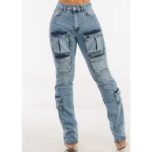Stretchy High Waist Stacked Leg Cargo Jeans Acid Wash