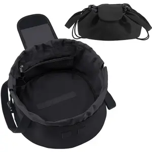 Lay Flat Drawstring Makeup Bag,Travel  Organizer for Women,Large Capacity Toiletry Bag,Portable Open-Flat Design for Skincare and Makeup Brushes (Black)