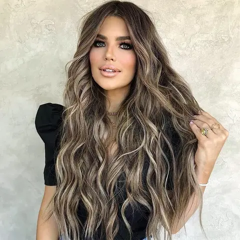 Women's 26-Inch Glueless Synthetic Full Machine Wig - Middle Part Curly Ombre Blonde to Brown, 3 Combs, Adjustable Straps, Heat Resistant, Hair Replacement for Weddings, Concerts (Wigs for Women)