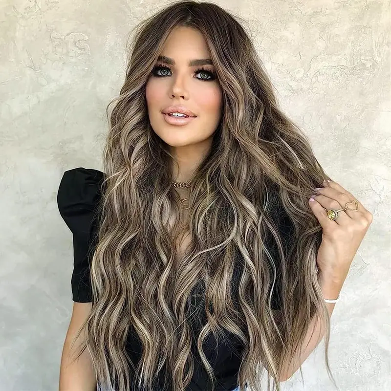 Women's 26-Inch Glueless Synthetic Full Machine Wig - Middle Part Curly Ombre Blonde to Brown, 3 Combs, Adjustable Straps, Heat Resistant, Hair Replacement for Weddings, Concerts (Wigs for Women)