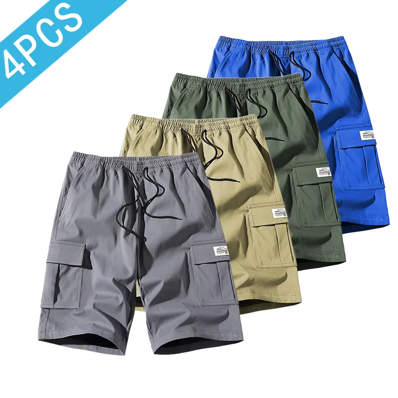Men’s cargo shorts 4-pack, mid-length shorts, multiple pockets, drawstring waist, cargo pocket design, various specifications available, suitable for everyday wear and fitness.