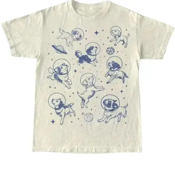 Men's Fitted Crew Neck Short Sleeve Casual Retro Graphic Tshirt - Cute Retro Space, Galaxy, Moon 90s Vintage Animal Gag Unisex Top, Dog Lovers Gift, All Seasons, Cold Wash Compatible