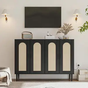 【Christmas Gift】Rattan Cabinet with Power Outlet, Boho Sideboard Buffet with 4 Doors, with Adjustable Shelf for Hallway, Dining Room, Living Room, Bar (Black)