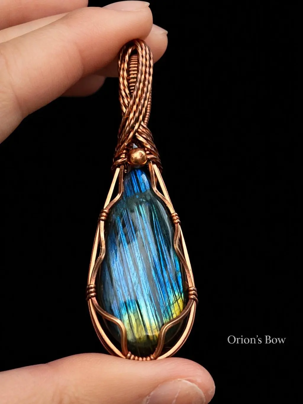 Wire Wrapped Labradorite Necklace Blue Stripped Flash Pendant, Handmade Copper, 20in Faux Leather Chain Gift
