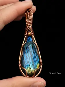 Wire Wrapped Labradorite Necklace Blue Stripped Flash Pendant, Handmade Copper, 20in Faux Leather Chain Gift