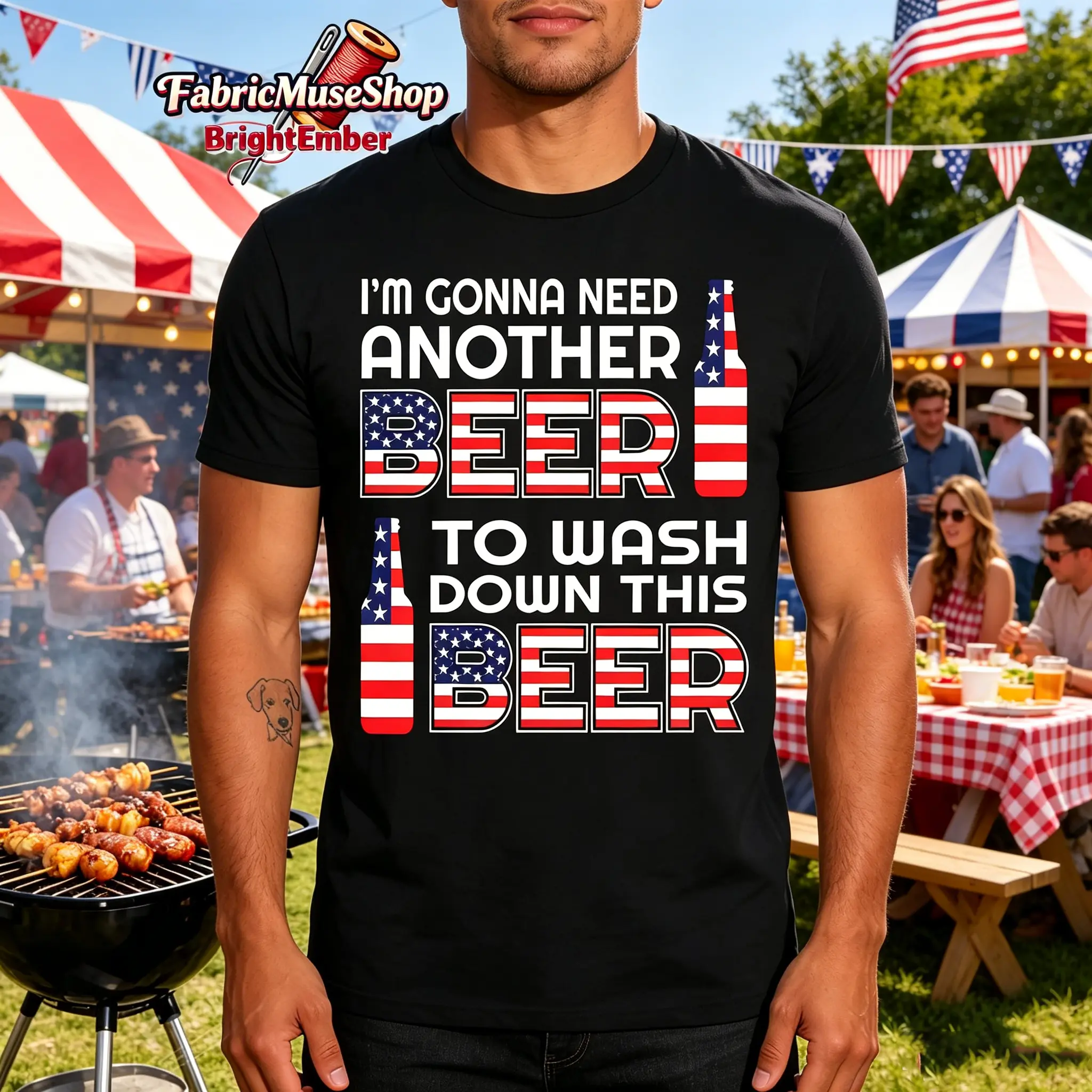 Men's Fun Beer-Themed American Flag T-Shirt - Patriotic Slogan "I Need Another Beer to Wash Down This One" with Vintage Beer Glass Design, 100% Cotton Crew Neck, Suitable for Independence Day, BBQ Parties, and Beer Gatherings - Relaxed Fit (Sizes S-3XL)