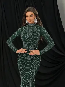 Green Heavy Rhinestone Mermaid Evening Gown, Long Sleeve Slim Fit Non-Sheer, Elegant Women's Formal Dress for Banquets & Red Carpet Events with Sparkling Crystal Embellishments - Womenswear, Rhinestone