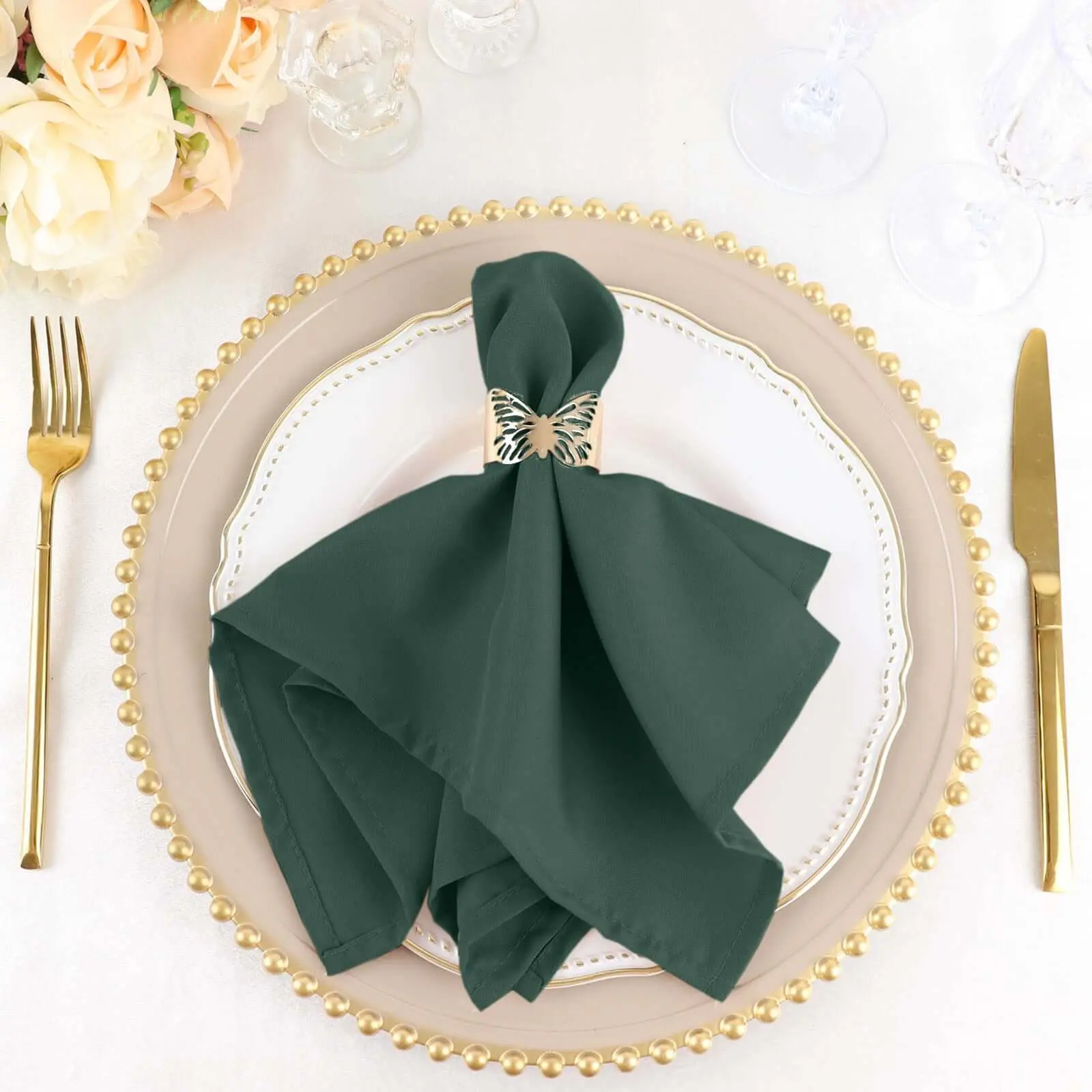 17"x17" Hunter Emerald Green Polyester Napkins, 5-Pack - Wrinkle-Free, Easy-Care, Compatible with Cutlery & Dinnerware for Weddings, Restaurant Events