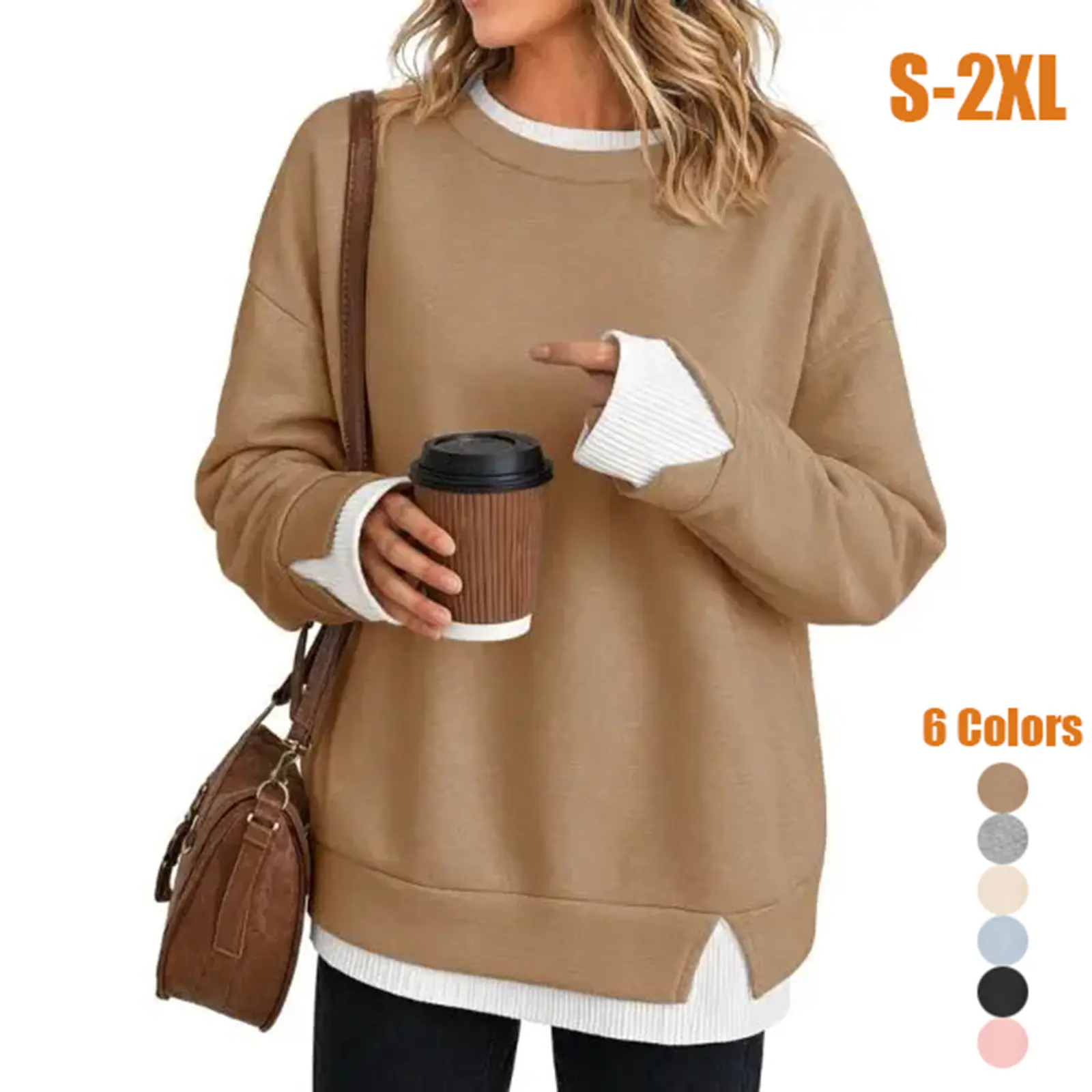 Women's Fake Two Piece Layered Sweatshirt, Crew Neck White Ribbed Cuff & Hem Patchwork Drop Shoulder Oversized Long Sleeve Pullover Top Hoodie Hoodie Fit Casual,back to school,back to school shopping