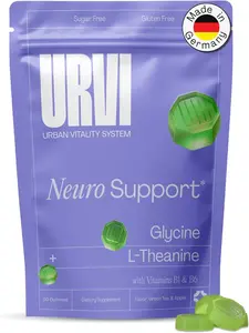 URVI® Neuro Support Gummies – 500 mg Glycine, 150 mg L-Theanine (high Potency), Vitamins B1 & B6 for Rest & Sleep, Relaxation, Calm Focus – Sugar-Free – Green Tea & Apple – 60 Count