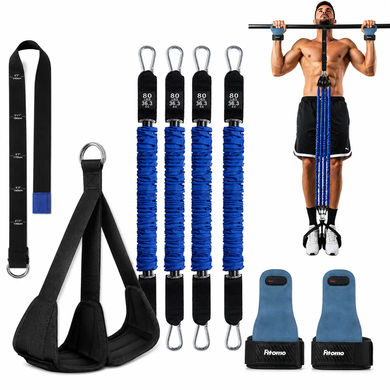 Pull Up Training Bundle with 320/400LB Assist Bands & Double-Layer Leather Lifting Grips, Adjustable Height Strap and Wide Footplate for Home Gym Strength Training