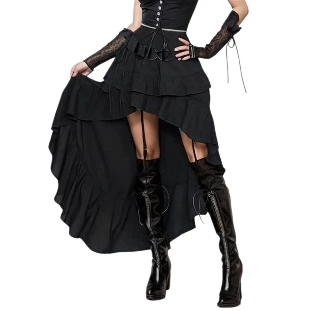 Women's Gothic High Low A-Line High Waist Black Layered Ruffled Soft Loose Flared Bottoms - Alt Skirts for Vampire Punk, 90s Beach, Ballroom, Witchy Skirts, Layered Skirts