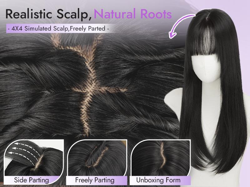 Long Black Hair Topper with Bangs for Women, 4x4 Realistic Scalp,Free Parting, Layered Hairstyle Synthetic Heat Resistant for Daily Party Use 20 inch