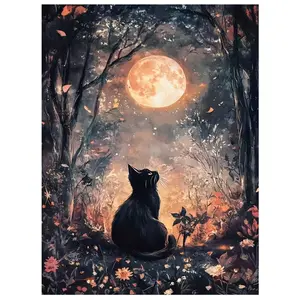 5D Diamond Painting Kit Crafts, Diamond Painting Kits, Cure Moonlight Black Cat, Fantasy Healing Style Theme, 5D Round Diamond Painting Rhinestone Mosaic Kit, Beginner Painting Supplies, Handmade DIY Diamond Painting Gem Art Home Wall Decoration Gifts