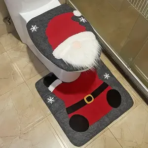 Festive Santa Toilet Mat Set, U-Shaped Toilet Lid Cover Pad for Christmas & Thanksgiving Decor, Holiday Bathroom Accessories