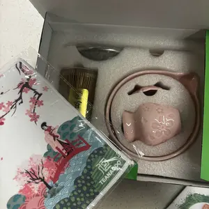 TEANAGOO 7-PCS Pink Matcha Whisk Set with Cherry Blossom Design, Complete Ceremony Kit, Ceramic Chawan Bowl with Spout, Whisk & Accessories, Traditional Matcha Tea Set for Lattes& Gift Giving