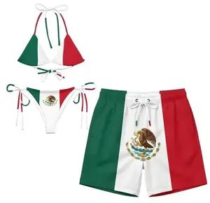 Mexico Flag Matching Couple Swimsuit Set – Men’s Drawstring Swim Shorts & Sexy Triangle Tie Bikini for Women, Summer Beach Vacation Outfit for Him & Her, Mexican Bikini Set