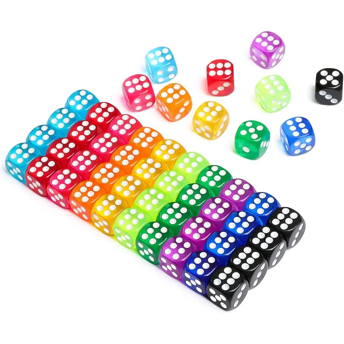 50 Pieces Colored 6 Sided 14mm Dice with White Color Pips for Board Games, Teaching, Learning, Rolling, Group Event, 10