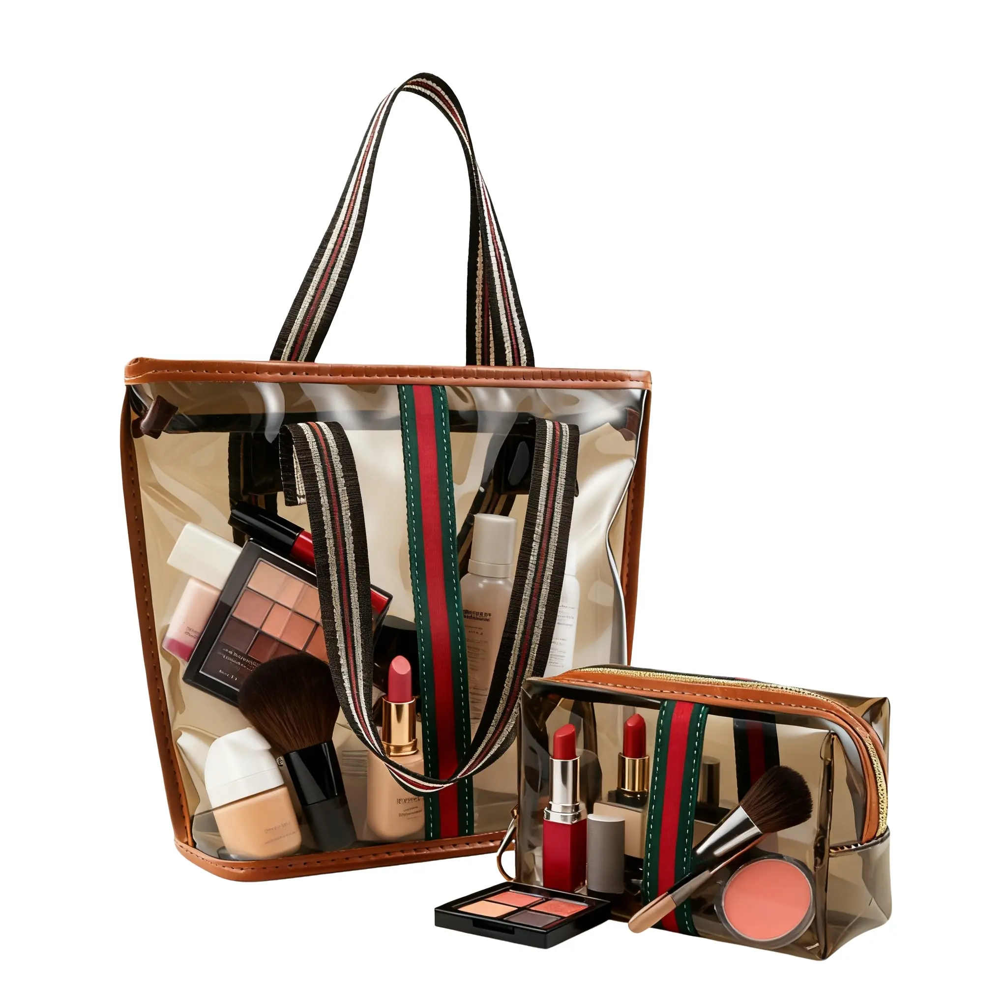 Transparent Women's Travel Handbag Set, Vintage Striped Cosmetic Bag and Daily Wallet for Gym, Swimming and Bath Use, Transparent Cosmetic Bags, Makeup Bags