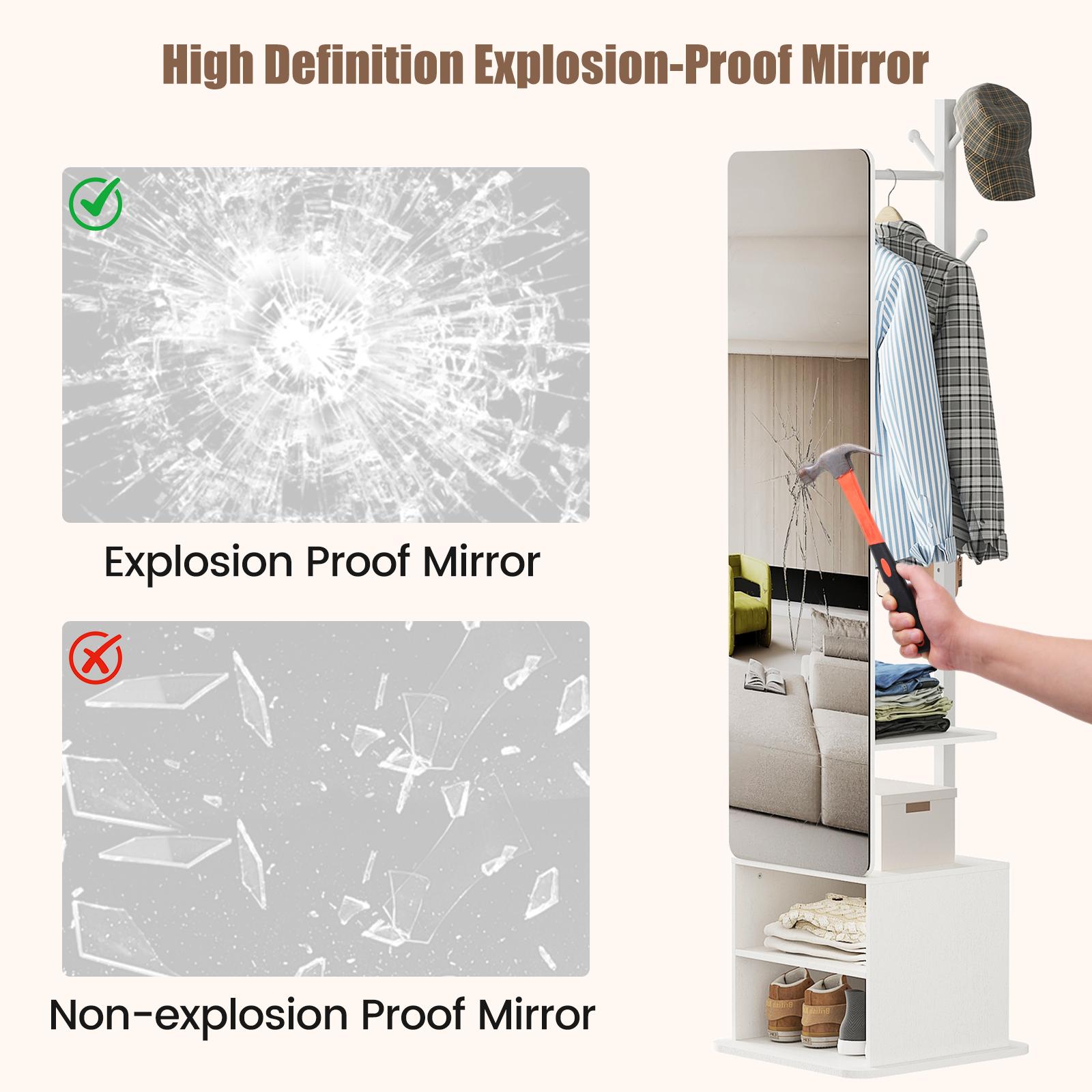 Flycity Solid wood material large mirror with a closet, full-size mirror, full-length mirror with storage rack at the bedside or in the living room (black and white styles can be rotated) Organization Furniture