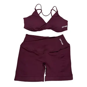 DFYNE New halter crisscross back padded sports bra & high-waisted peach butt lifting shorts set for women — high-stretch seamless yoga workout activewear