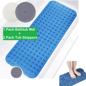 Blue Bathtub Shower Mat 39'' x 16'' with Drain Holes & Suction Cups + 2 Pack Tub Stoppers Non-Slip Extra Long Bath Mat Machine Washable