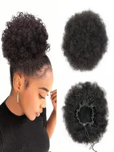 Women's Afro Curly Drawstring Ponytail, Kinky Basics Style, Brazilian Human Hair Clip-In Bun Chignon, Breathable & Adjustable, 4/6/8 Inches
