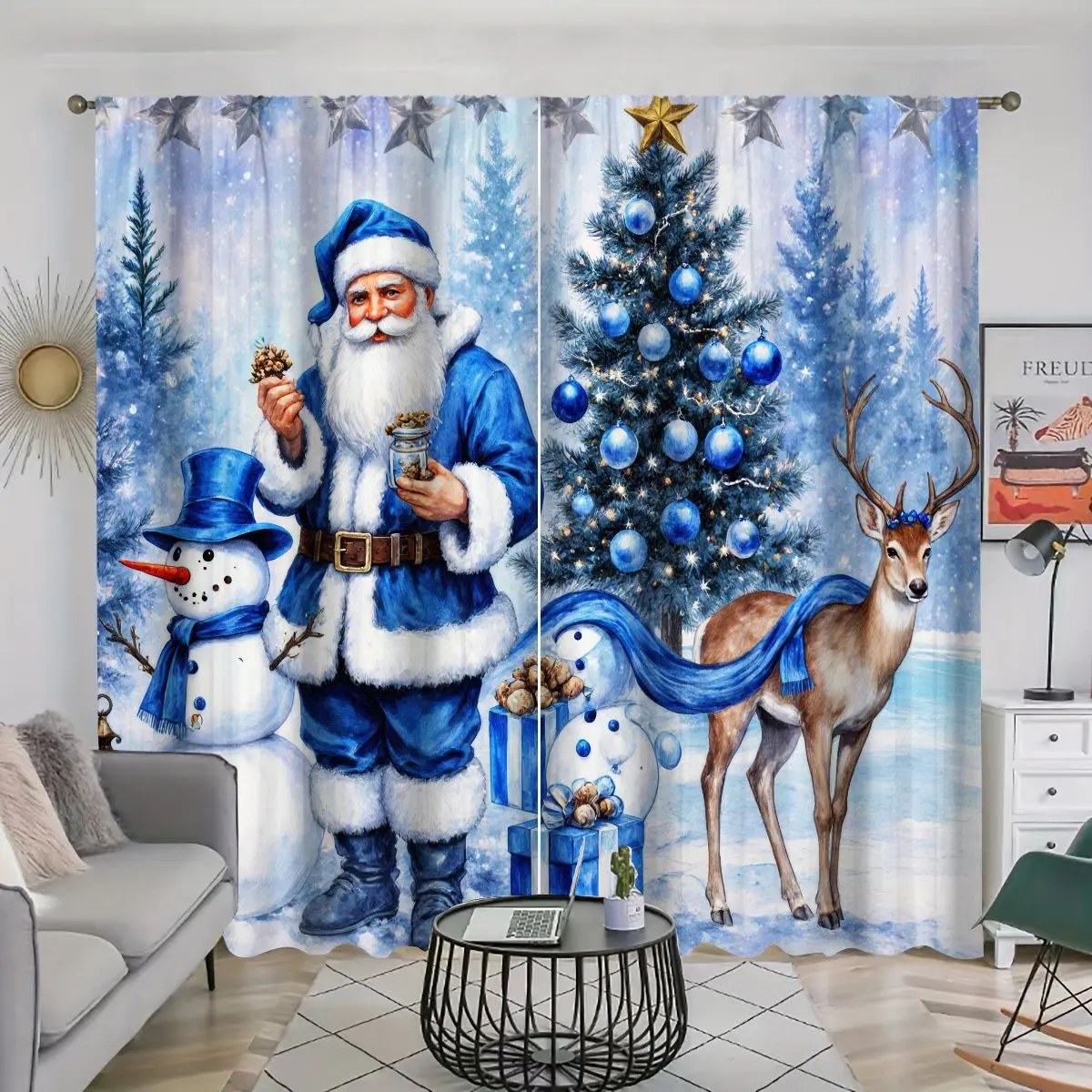 2D Flat 2Pcs Winter Christmas Curtain Panels, Home Decoration Curtain, with Blue Forest Scene Snowman Deer Tree Print Rod Pocket Design Holiday Theme Polyester Fabric Light Filtering Window Treatment for Home Decor Festive Spirit Gift