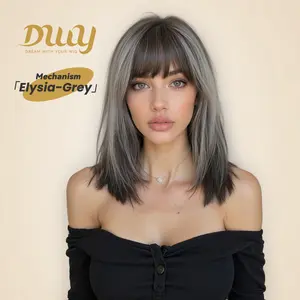 Elysia H-DWY Mid-Length Straight Brown with Highlights Layered Hair with Air Bangs Glueless Synthetic Wig for Women 16 Inches