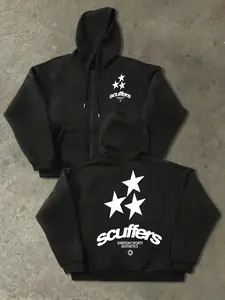 Scuffers Star Print Zip Hoodie, Casual Fitted Graphic Sweatshirt, Warm Plush Lining, Street Style, Essential for All Seasons