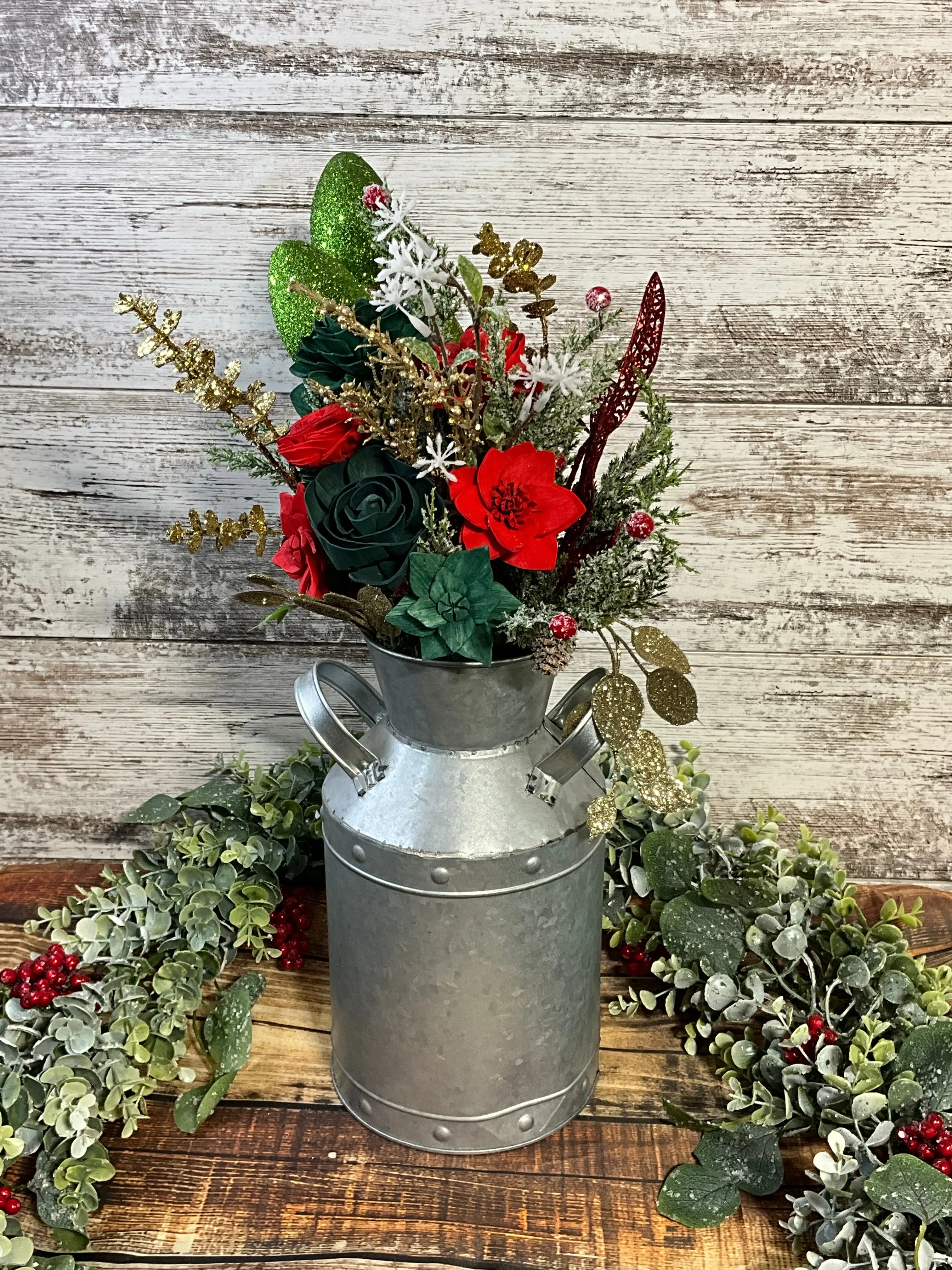 Sustainable Sola Wood Flower Christmas Milk Can Decor - Handcrafted Blooms, Festive Colors, Over 2 Ft Tall Rustic Farmhouse Home Decoration, Ideal Holiday Gift