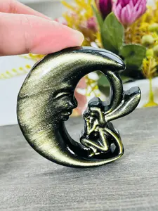 Moon & Fairy Design Natural Obsidian Decoration, Party Style Rock Crystal Guarding Sculpture, Ideal Gift for School Season, Home Ornament, Crystal Carving