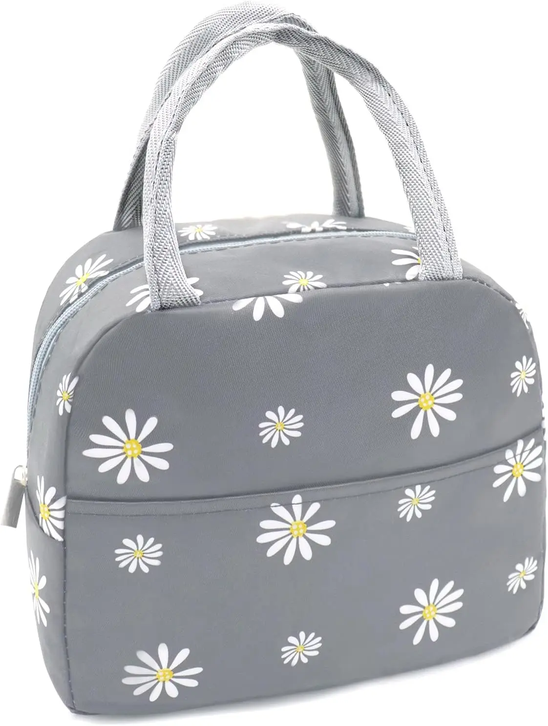 Durable Insulated Lunch Bag for Women - Leakproof Cooler Tote Lunch Box for Work, Travel - Cute Grey with White Daisy Design, Durable Lunch Bag