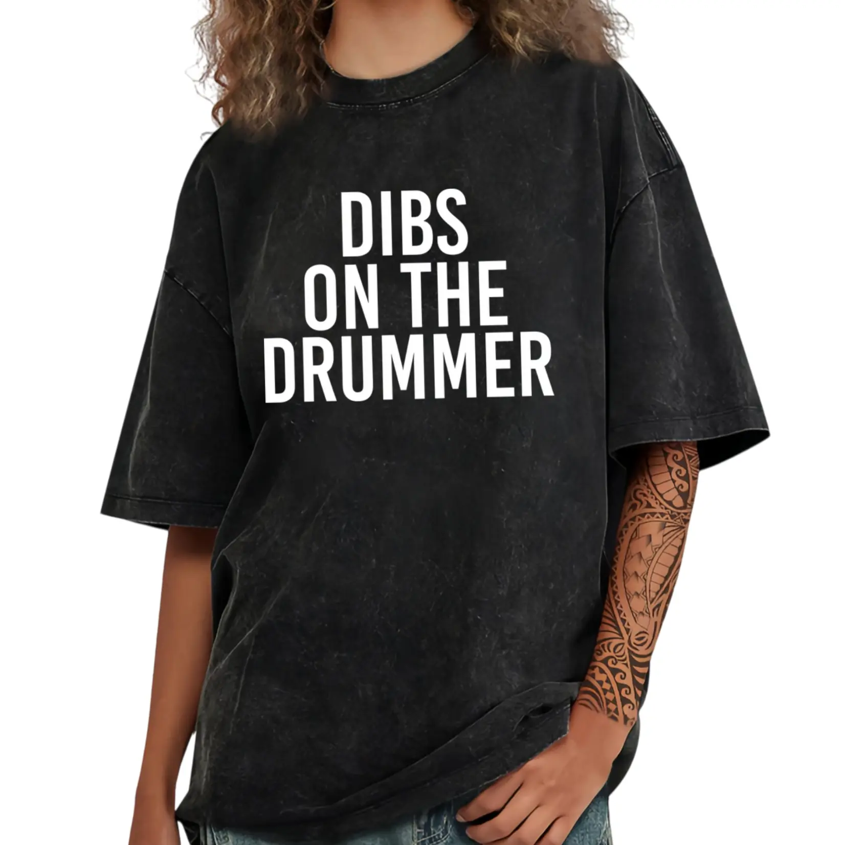100% Cotton Washed T-Shirt – Perfect for Drummers and Music Fans, Featuring DIBS ON THE DRUMMER Design