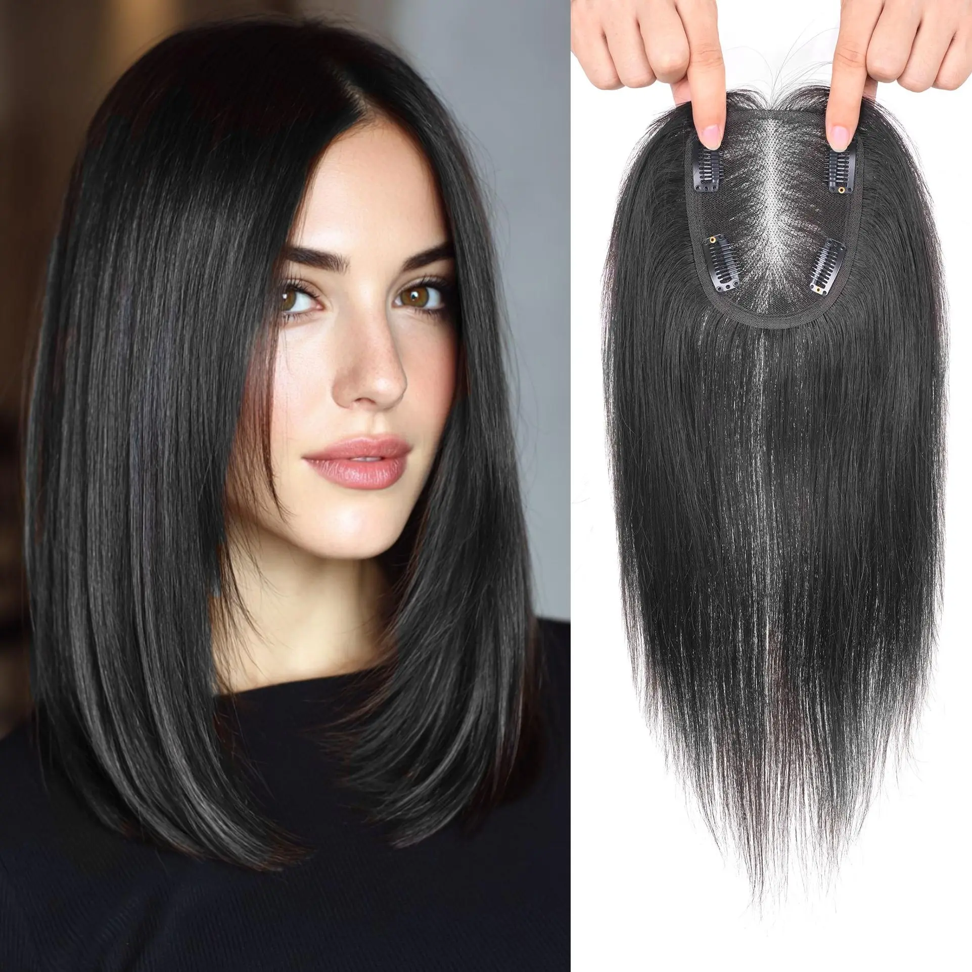 Vasilia Hair Toppers for Women 14inch 100% Remy Human Hair Toppers for Thin Hair Real Human Hair Swiss Base Hand-Tied Straight Clip in Toppers Hair Pieces for Women 42g  for Wide parting&Partial hair loss&Cover gray hair Mother's Day