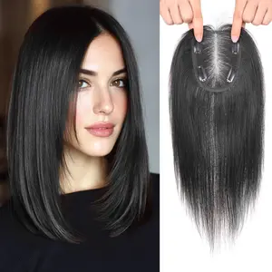 Vasilia Hair Toppers for Women 14inch 100% Remy Human Hair Toppers for Thin Hair Real Human Hair Swiss Base Hand-Tied Straight Clip in Toppers Hair Pieces for Women 42g  for Wide parting&Partial hair loss&Cover gray hair Mother's Day