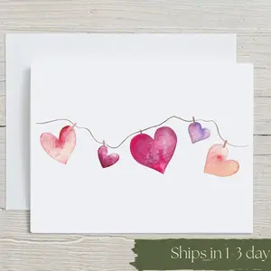 String of Hearts Card,  Valentine Watercolor Stationary, Hand-painted love note, Folded Card with Envelopes, set of 4 or 8